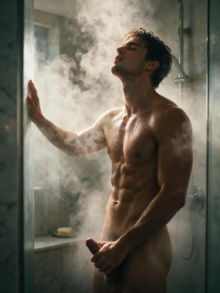 handsome athletic man in a steamy marble shower, water running down his toned chest, hand braced against the fogged glass, head tilted back in pleasure, fully nude, warm rim light through the mist